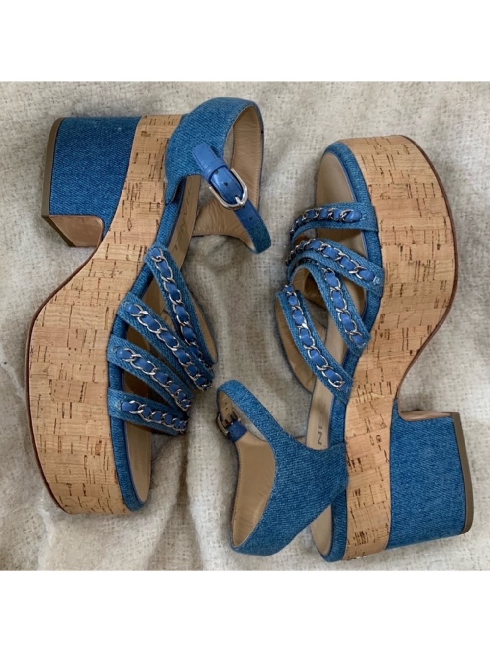 CHANEL CC Logo Denim Platform Sandals - Cork Heel - Picture 2 of 4